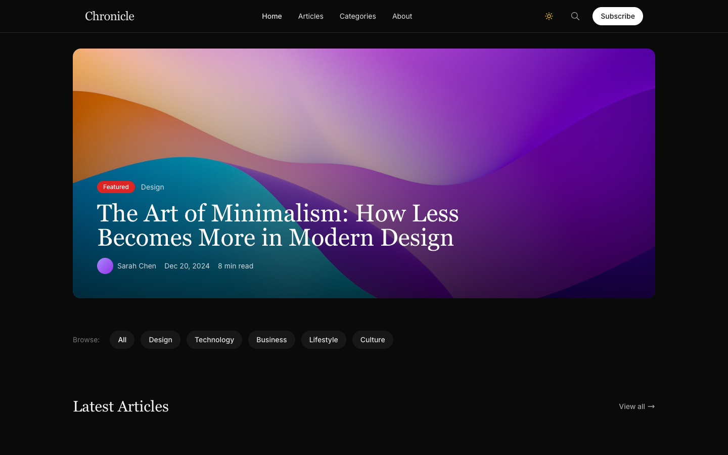 Chronicle - Elegant blog and magazine website template dark mode preview