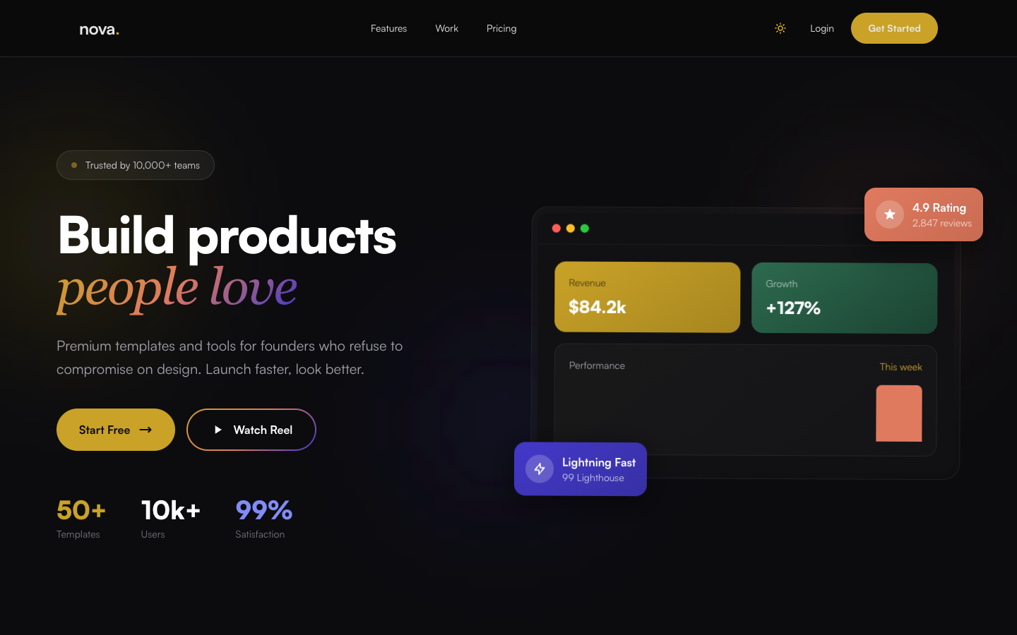 Nova - Dark mode SaaS template with bento grid layout preview