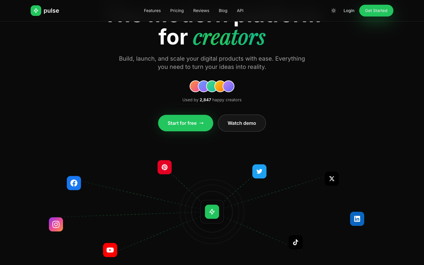 Pulse - Premium SaaS landing page template dark mode preview